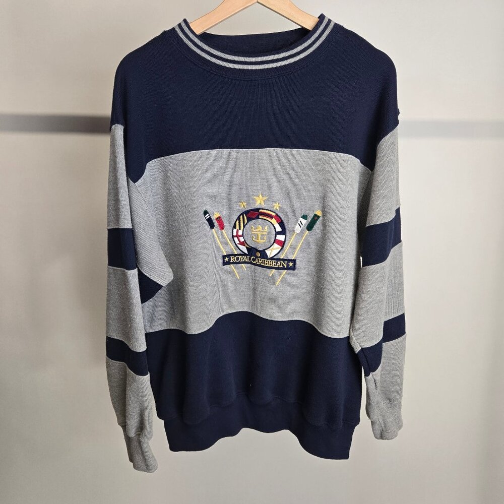 Vintage Royal Caribbean International Men's Sweater Stripe Blue/Grey - Size XL